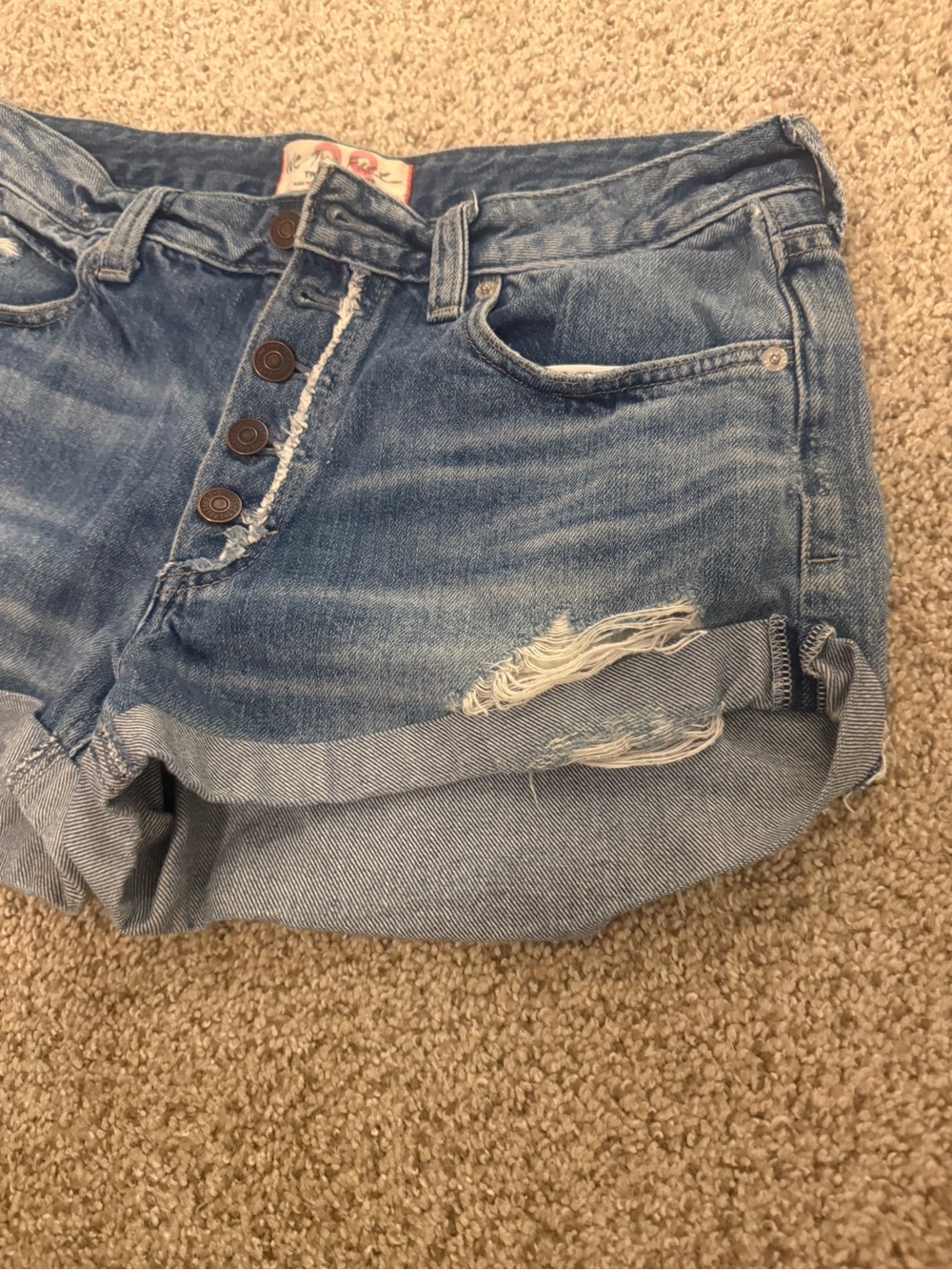 We The Free Distressed Blue Denim Button-Front Shorts - Picture 4 of 5